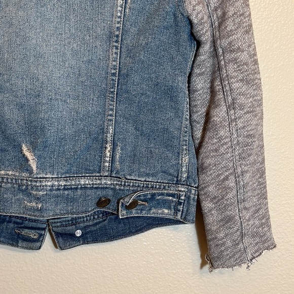 Free People Distressed Denim Knit Sleeves Jean Jacket - Picture 13 of 16